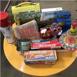 Tray Lot: Vintage Toys (Lunch Box, Thermos, Spinning Top, Slot Machine Piggy Bank, Vintage Bob Skate