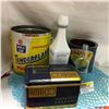 Image 1 : 3 Confectionery Tins (Tenderflake Climax Jams & Jellies, Amaco Black Board Crayons) & Blue/White Tul