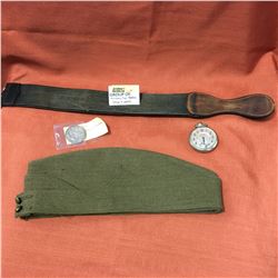 Military Uniform Hat, War Medal, Strop & Pocket Watch