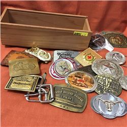 Wooden Box w/Belt Buckle Collection (18) (See Picture)