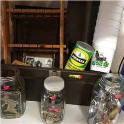 Tool Box Lot w/Contents (Spoon Collection, Arctic Cat Cups, 3 Jars of Nick Knacks, Wallets, Spoons, 