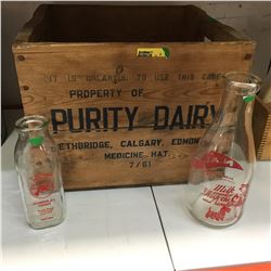 Purity Dairy Wooden Crate & 2 Milk Bottles ("NADP" & "Dutchmen")