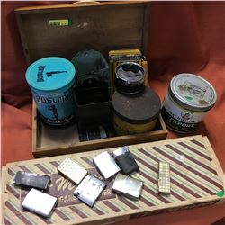 Wooden Box w/Smoker Collection (Tins, Lighters, Match Stick Holders, Cig Maker, etc)