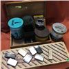 Image 1 : Wooden Box w/Smoker Collection (Tins, Lighters, Match Stick Holders, Cig Maker, etc)