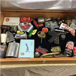 Counter Top Display Case w/Large Assortment of Small Collectibles (Incl: Gavel, Cig Tins, Lock & Key