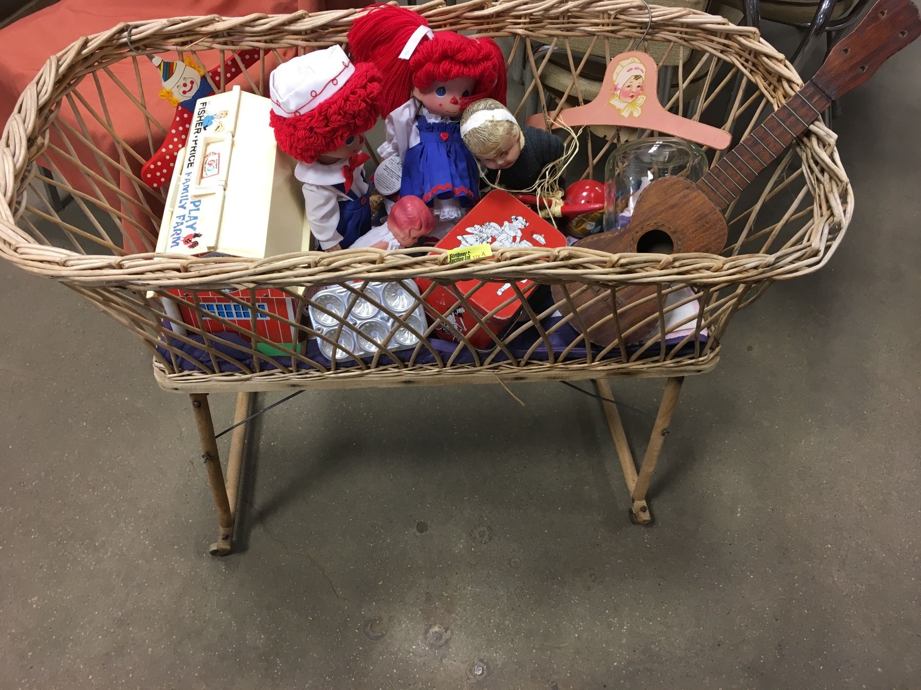 Wicker Doll Crib Wheeled W Contents Dolls Lunch Box Toy