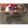 Image 1 : Wicker Doll Crib (Wheeled) w/Contents (Dolls, Lunch Box, Toy Guitar, Kitchen Set, Fisher Price Barn,