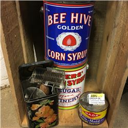 4 Confectioner Tins (Malkin's Best, N.A.D.P., Bee Hive, Rogers' Syrup) + Antique Kitchen Utensils