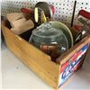 Image 1 : Apple Crate w/Vintage Kitchen Grouping (Pyrex Bowls, Churn Lid, Meat Grinder, Egg Beaters, Dad's Coo