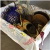 Image 1 : Tote Lot: Wooden Dutch Shoes, Pipe, Bell, Crock Lids, Decanters, Flour Sacks, etc !