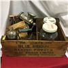 Image 1 : Blue Ribbon Wood Crate w/Coleman Clothes Iron, Meat Grinder "8", Egg Beater, Jars