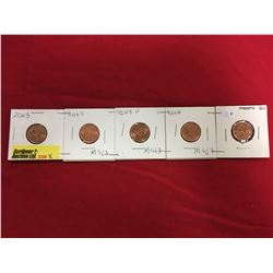 Canada One Cent - Strip of 5: 2003; 2005; 2005P; 2006; 2006P; Magnetic