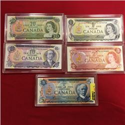 Canada Bills - Encased (5) : $1 Bill Crow/Bouey S/N#ALV3733708 $2 Bill Lawson/Bouey S/N#AGJ2735639 $