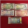 Image 1 : Canada Bills - Encased (5) : $1 Bill Crow/Bouey S/N#ALV3733708 $2 Bill Lawson/Bouey S/N#AGJ2735639 $