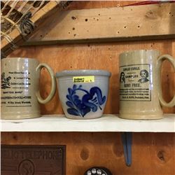 Pottery Trio (Hand Crafted Bowl - Blue Design) & 2 Mugs "Made in England" (Curls Curls & First Class