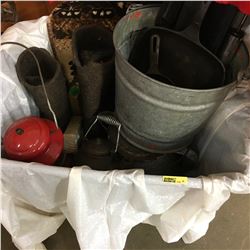 Tote Lot: Camping & Fishing Supplies (Cast Iron Fry Pans, Coal Oil Lantern, Boot Inserts, Rug, Rubbe