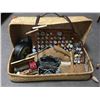 Image 1 : Wicker Suitcase w/Contents: Sewing Supplies (Incl. Iron, Wool Carders, Sock Stretchers, Thread, Clot