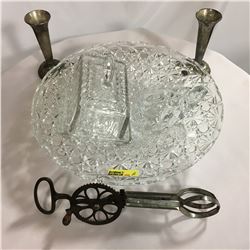 Glassware Grouping: Serving Dish, Glass Turtle, Vintage "Dover" Egg Beater Pat. 1891 Boston, Butter 