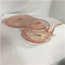 Pink Depression Glass Trivet with Lid ! + Platter