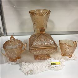 Peach - Glassware Grouping (4) : Candy Dish, Cream & Sugar, Vase