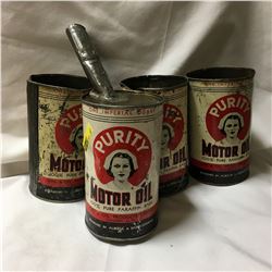 Oil Quart Tins (4)  Purity Motor Oil   (Note: 1 Tin has Home Made Funnel Spout)