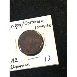 10-14 AD ROMAN BRONZE DUPONDIUS! AGRIPPA AND OCTAVIAN!