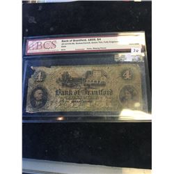 1859 BANK OF BRANTFORD $4 NOTE! BCS GRADED F-12