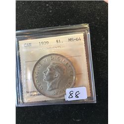 1939 CANADA SILVER DOLLAR! ICCS GRADED MS-64!