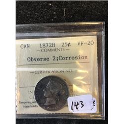 1872H CANADA 25 CENTS! ICCS GRADEDVF-20