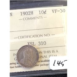 1902H CANADA 10 CENTS! ICCS GRADED VF-30!