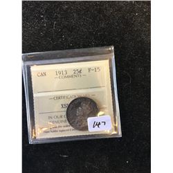1913 CANADA 25 CENTS! ICCS GRADED F-15!