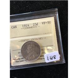 1914 CANADA 25 CENTS!ICCS GRADED VF-30