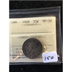1928 CANADA 25 CENTS! ICCS GRADED VF-30!