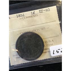 1851 USA LARGE ONE CENT! ICCS GRADED EF-40!