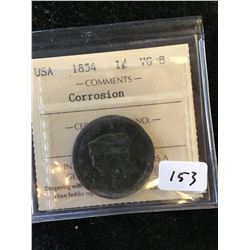1854 USA LARGE ONE CENT! ICCS GRADED VG-8