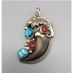 Vintage Turquoise, Coral and Bear Claw Pendant