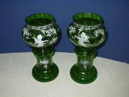 A Pair Of Mary Gregory Green Glass Bulb Vases Decorated With