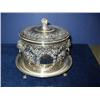 Image 1 : A plated biscuit barrel with lion mask handles and hinged lid, H 20cms Dia 19cms...
