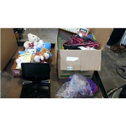 BOX OF ESTATE GOODS PORTABLE DVD PLAYER AND BEADS AND STUFFED ANIMALS