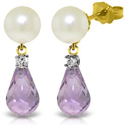 Genuine 6.6 ctw Pearl, Amethyst & Diamond Earrings Jewelry 14KT Yellow Gold - REF-27K6V