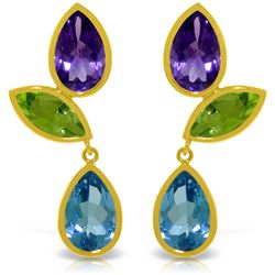 Genuine 13.6 ctw Blue Topaz & Peridot Earrings Jewelry 14KT Yellow Gold - REF-62F4Z