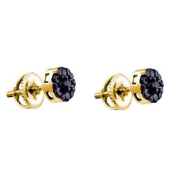 0.40 CTW Black Color Diamond Flower Cluster Screwback Earrings 10KT Yellow Gold - REF-14W9K