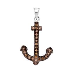 0.20 CTW Cognac-brown Color Diamond Anchor Nautical Pendant 10KTWhite Gold - REF-13M4H