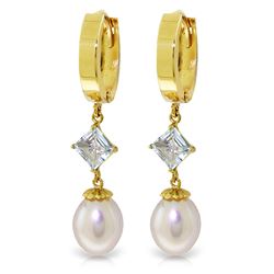 Genuine 9.5 ctw Pearl & Aquamarine Earrings Jewelry 14KT Yellow Gold - REF-54H6X