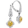 Image 1 : 0.77 CTW Yellow Diamond Diagonal Square Cluster Dangle Earrings 14KT White Gold - REF-89K9W