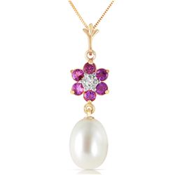 Genuine 4.53 ctw Pearl, Amethyst & Diamond Necklace Jewelry 14KT Yellow Gold - REF-29Y7F