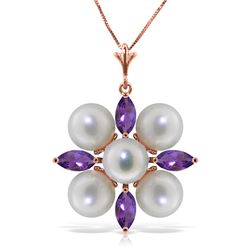 Genuine 6.3 ctw Amethyst & Pearl Necklace Jewelry 14KT Rose Gold - REF-59A2K