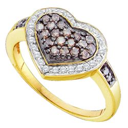 0.50 CTW Cognac-brown Color Diamond Framed Heart Cluster Ring 10KT Yellow Gold - REF-37H5M