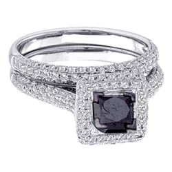 1.25 CTW Princess Black Color Diamond Bridal Ring 14KT White Gold - REF-85K4W