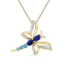 0.90 CTW Oval Created Blue Sapphire Diamond Butterfly Bug Pendant 10KT Yellow Gold - REF-16Y4X